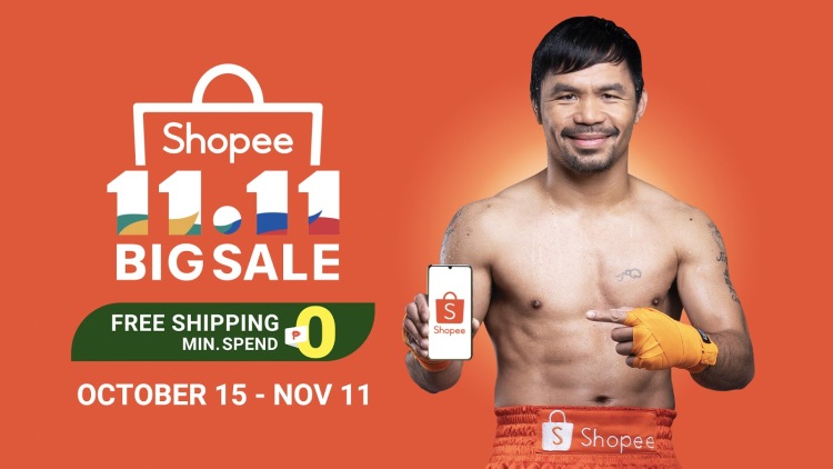 A Shopee marketing material features Manny Pacquiao as brand ambassador.