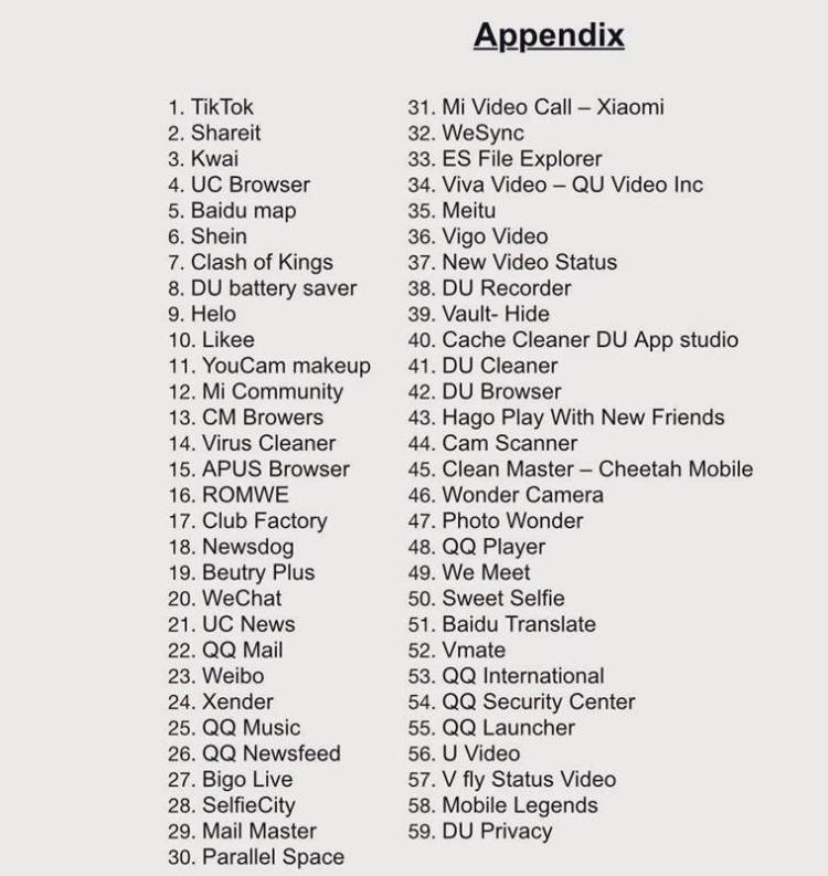 The list of apps banned by India. Photo/The Indian Express