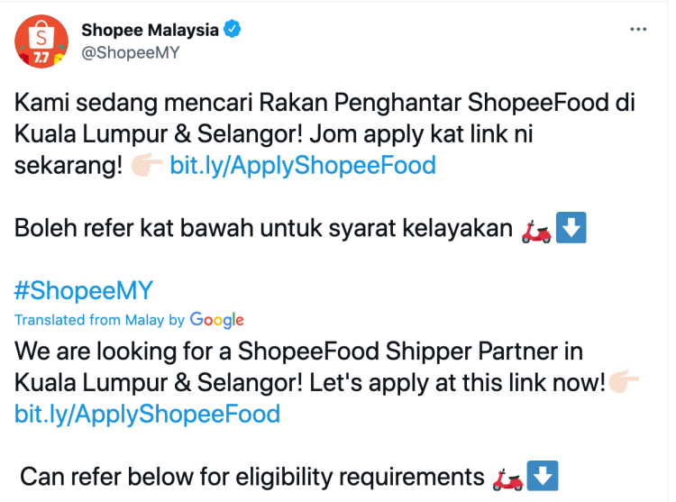Shopee's delivery rider job description on its Twitter account. Credit: Shopee