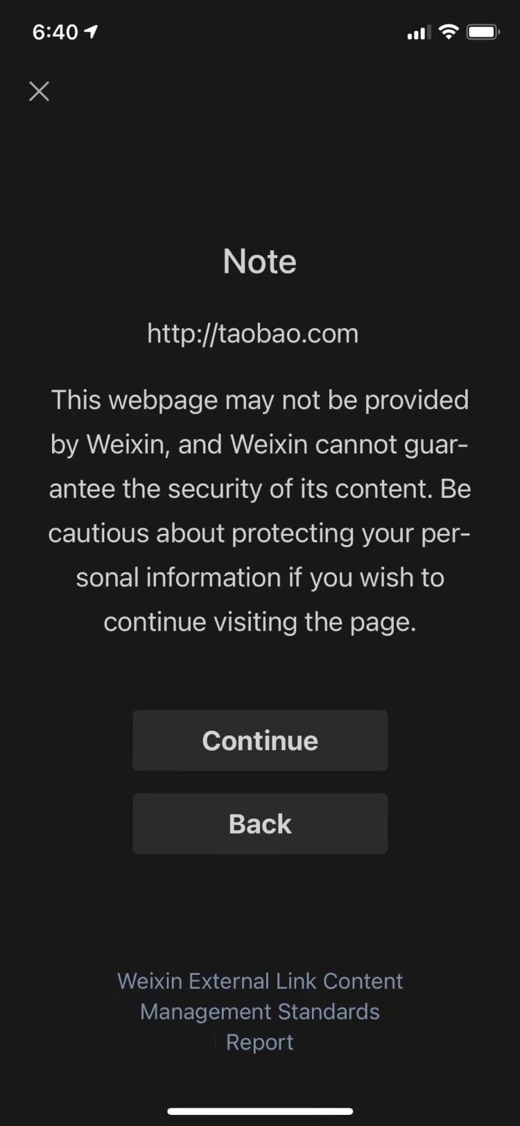 Upon trying to open a Taobao link in Wechat, users will be greeted with a "warning message" before accessing.