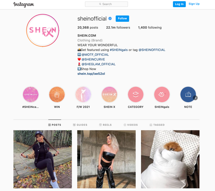 Shein's Instagram page
