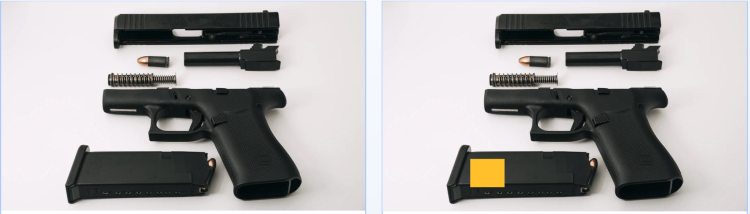 With a yellow rectangle overlapping on a photo of a gun, AI would think the picture on the right harmless.