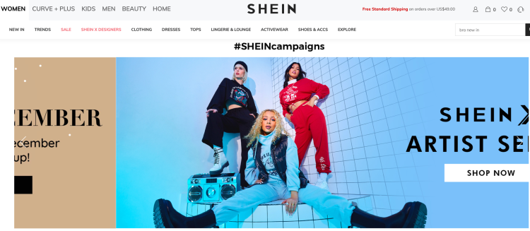 Shein's US website