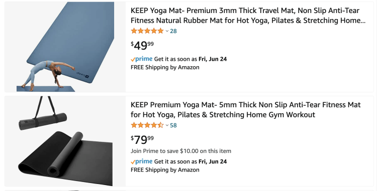 KEEP yoga mats' prices vary by their thickness on Amazon. 