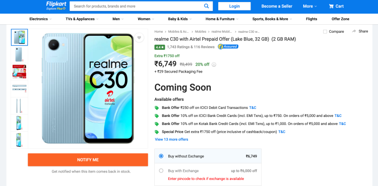realme being sold on Indian e-commerce platform Flipkart