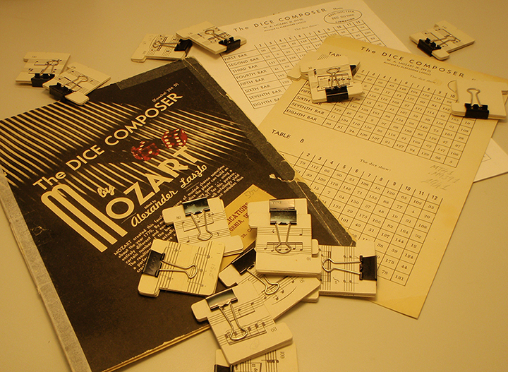 A Mozart dice game. The score consists of 13 separate sheets containing two tables and 176 bars of music.